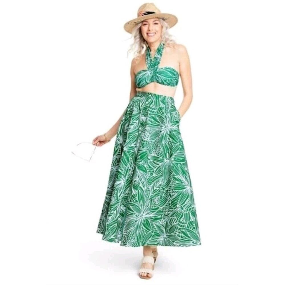 Tabitha Brown Green Floral Long Button Front Maxi Midi Skirt Sz Large 34" Waist - Picture 2 of 3
